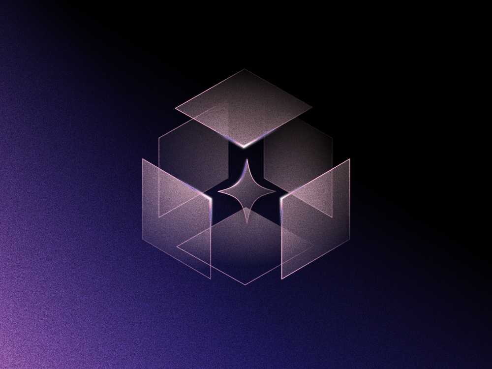 Deconstructed cube on black and purple background