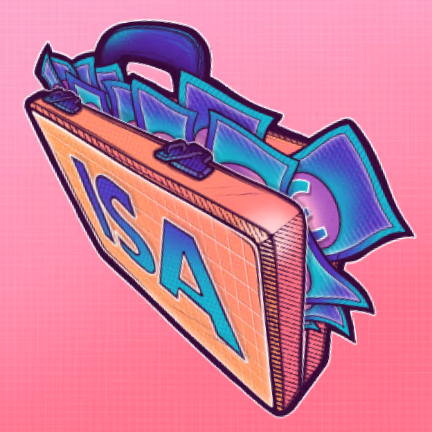 Illustration of a briefcase filled with cash and the letters ISA on the outside