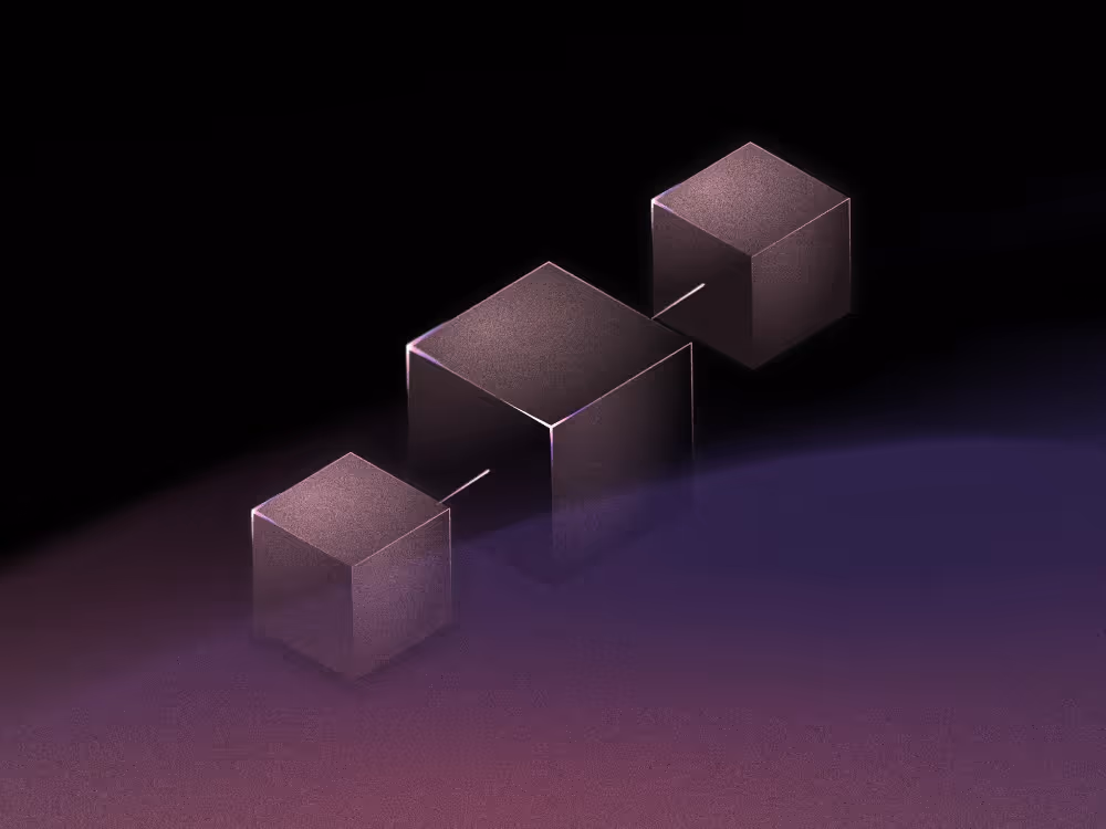 Two small cubes joined to larger central cube on black and pink background