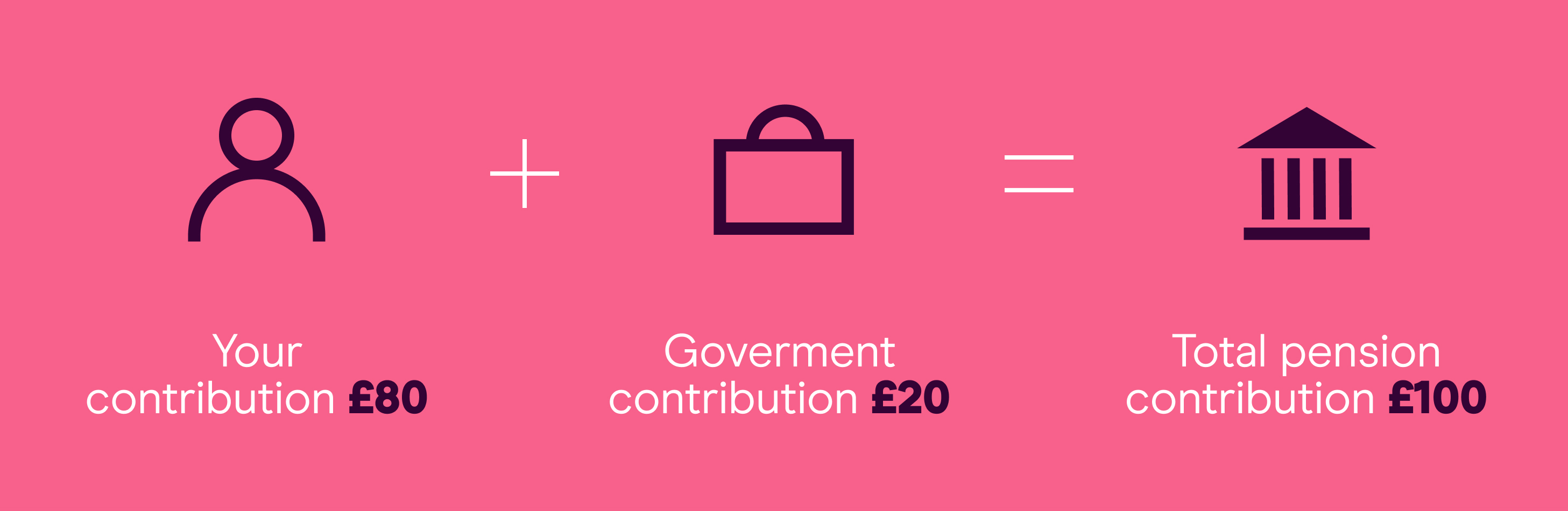 Icons show £80 personal plus £20 government contributions equal £100 total pension contribution.
