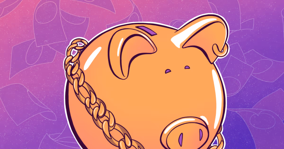 Golden piggy bank on pink and purple background