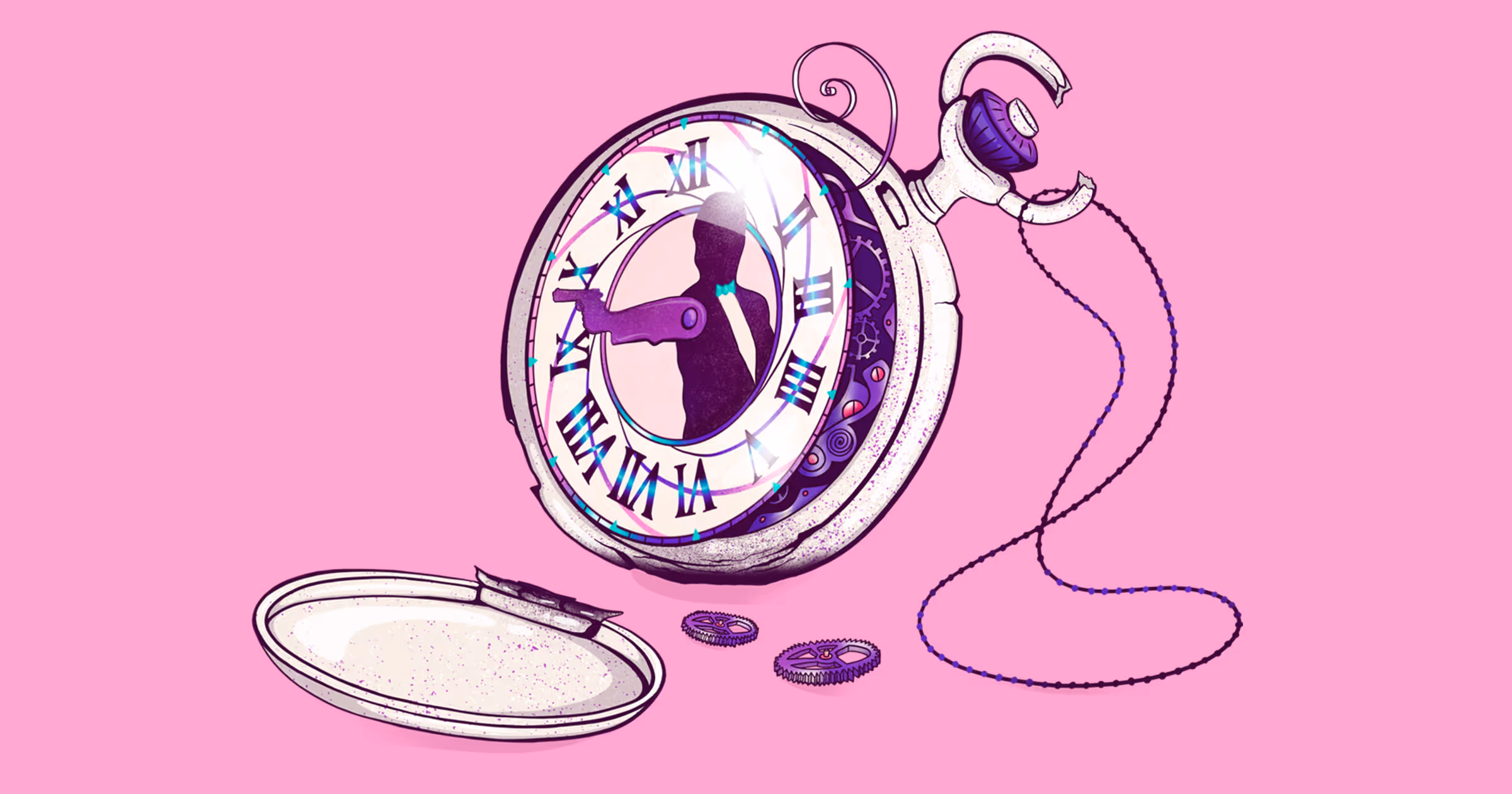 Stylised pocketwatch with suited figure on clockface