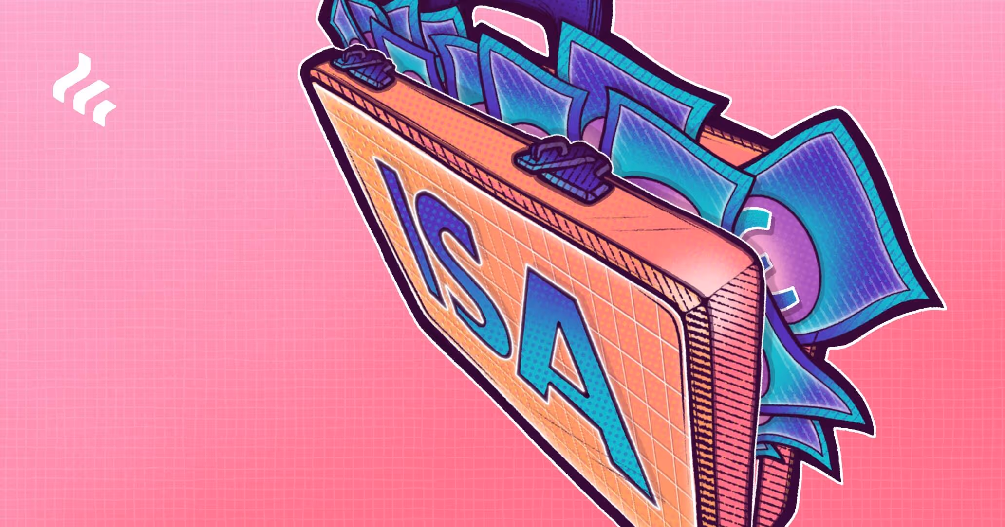 Illustration of a briefcase filled with cash and the letters ISA on the outside