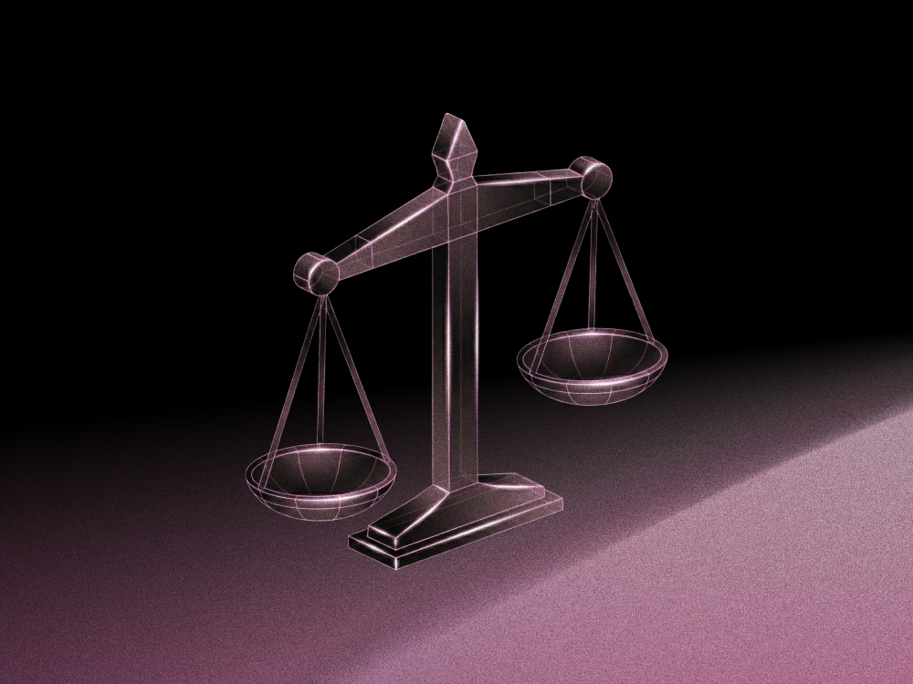Stylised weighing scales on a black and purple background