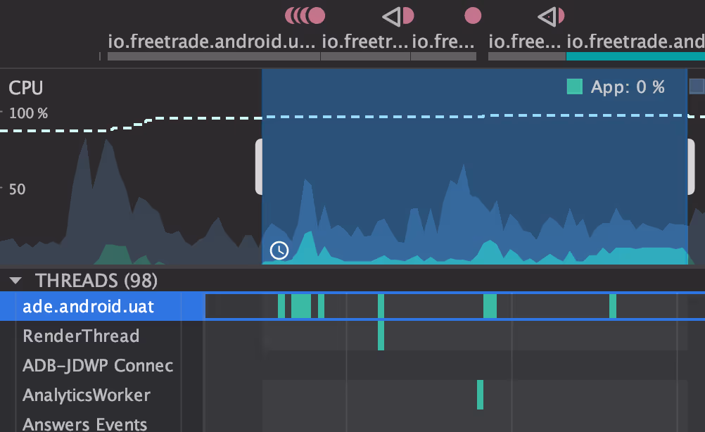 The CPU profiler showing the CPU consumption of the Freetrade app