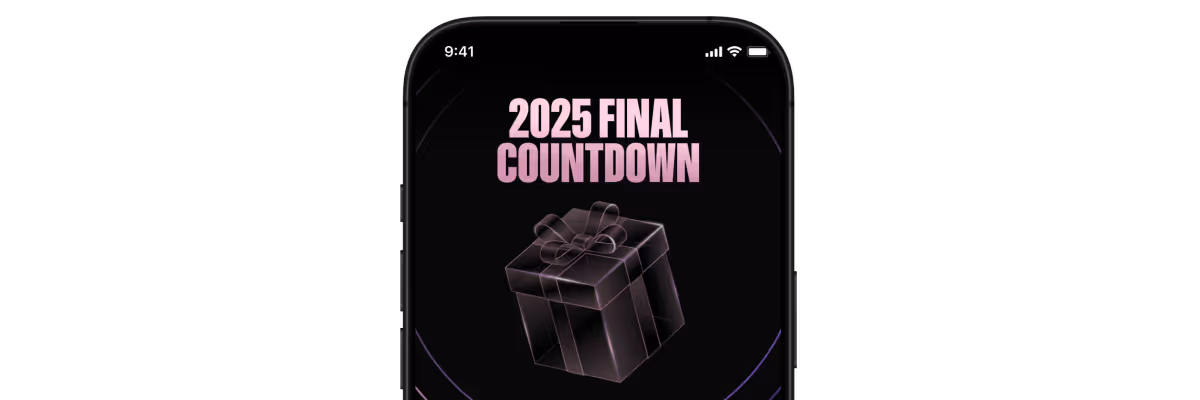 Mobile phone screen with text saying "2025 countdown" and an illustration of a present.