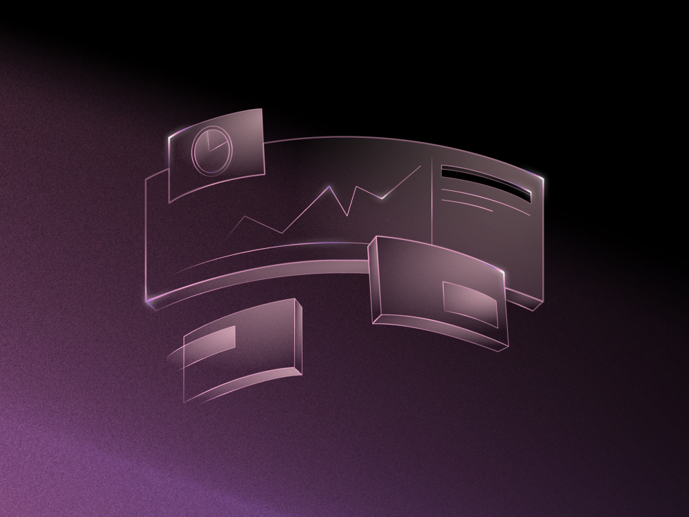 Information screens and graphs against black and purple background