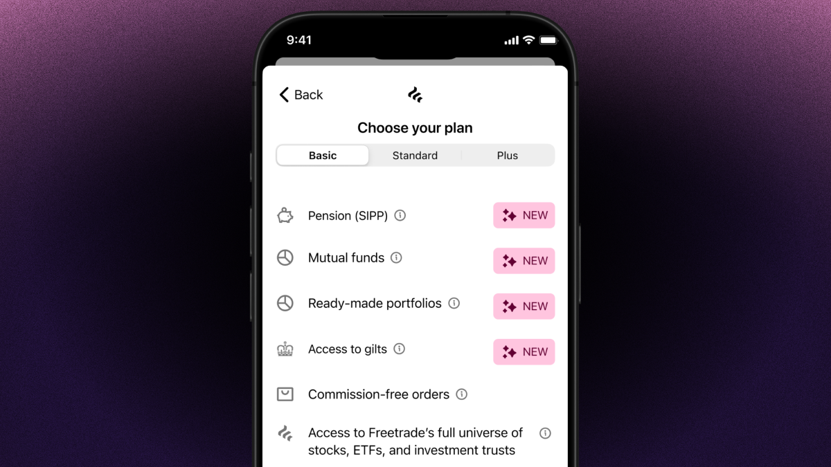 Mobile screen showing Freetrade's new plan features.