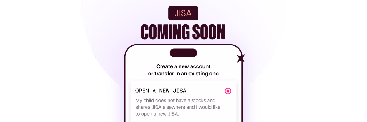 Mobile screen showing 'Coming Soon' for Freetrade's JISA with option to open a new Freetrade JISA account described as for children without an existing stocks and shares JISA.