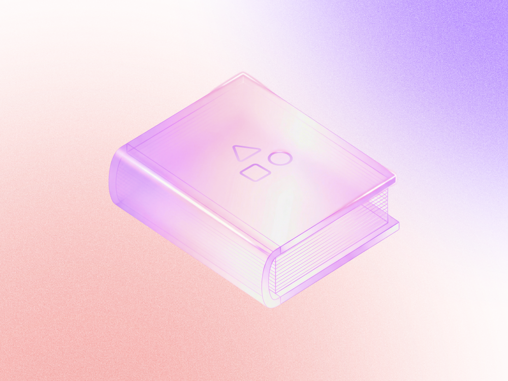 Closed book on white, pink, and purple background