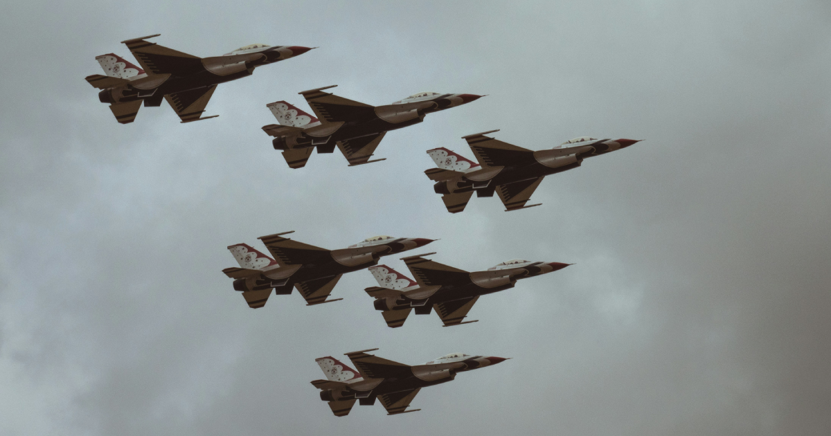 Squadron of fighter jets flying in formation