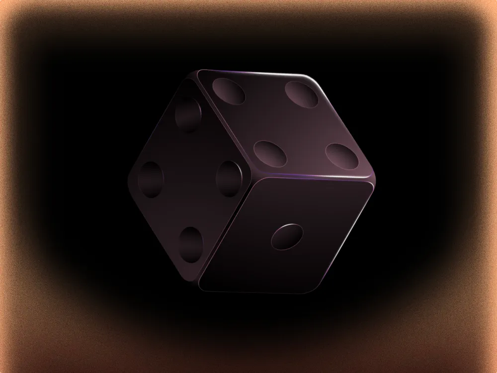 3D illustrated dice floating against a dark background with an orange gradient glow
