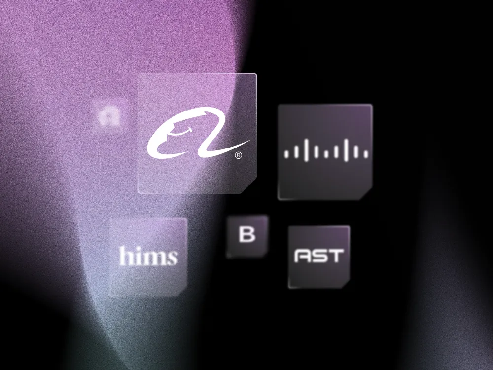 AST, AMAT, BABA, CSCO, Barrick, and HIMS logos against black and purple background