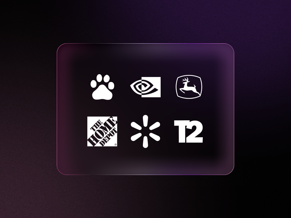 Deere, Nvidia, Baidu, Walmart, Take Two and Home Depot logos against black and purple background