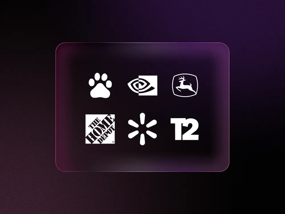 Deere, Nvidia, Baidu, Walmart, Take Two and Home Depot logos against black and purple background