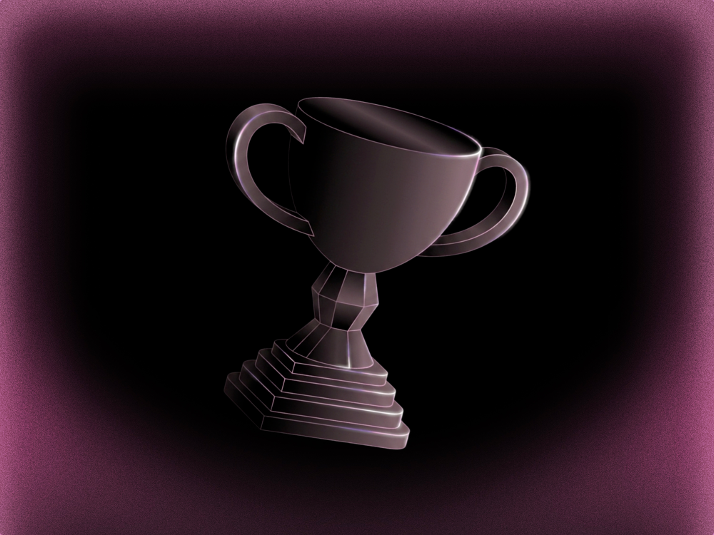 3D-rendered trophy cup with low-poly detailing, dark metallic finish, and purple-pink glowing background