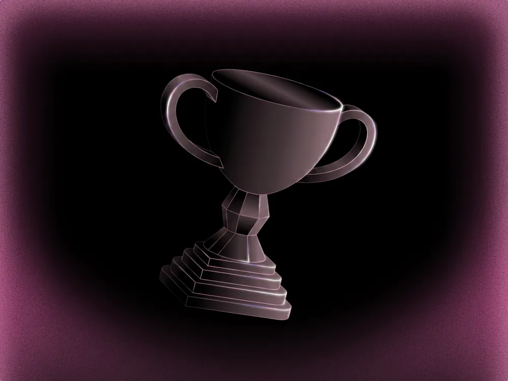 3D-rendered trophy cup with low-poly detailing, dark metallic finish, and purple-pink glowing background