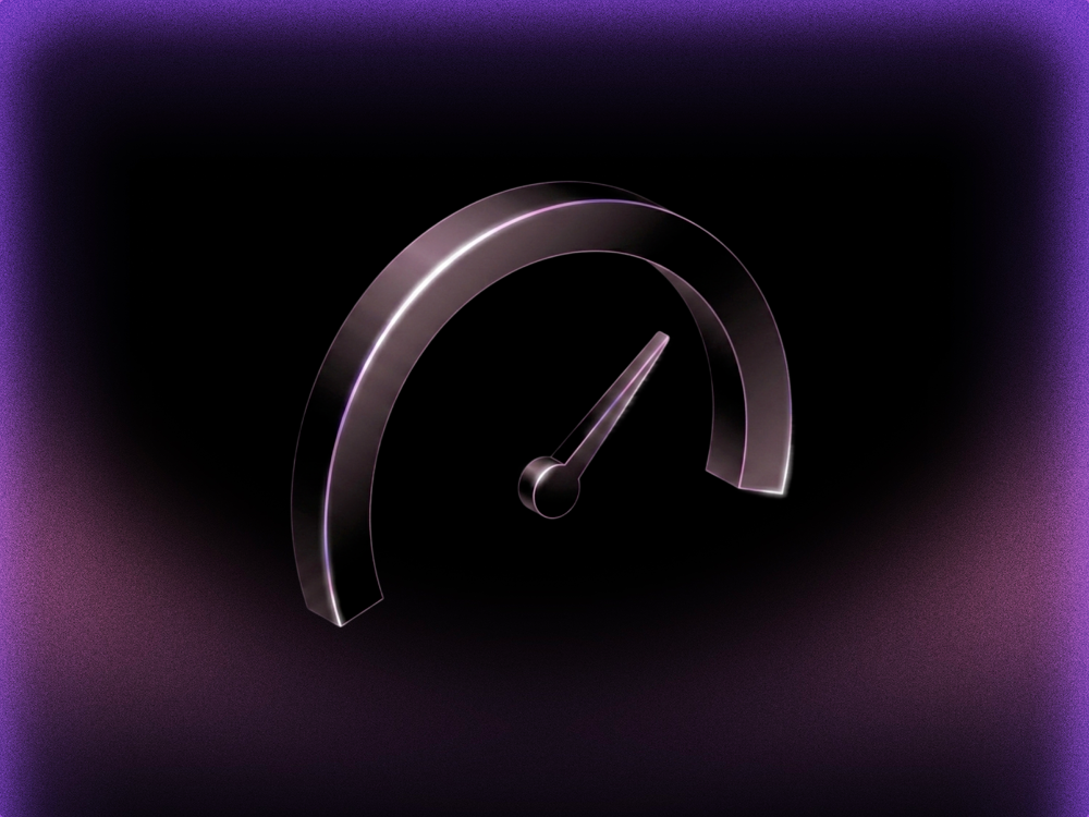 A 3D dark metallic speedometer with purple highlights, needle pointing right, on a dark background.