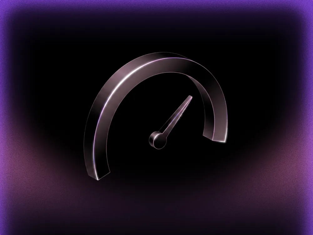 A 3D dark metallic speedometer with purple highlights, needle pointing right, on a dark background.