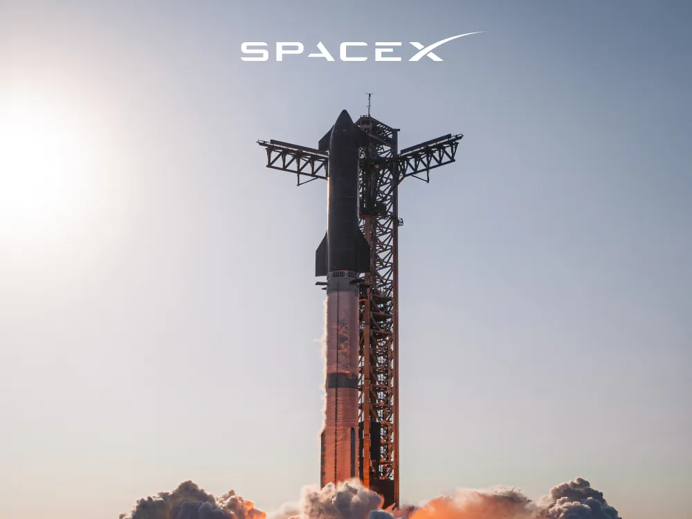 SpaceX logo above in-progress rocket launch