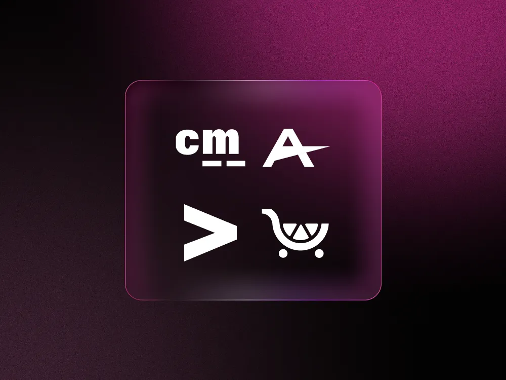 Purple square with white symbols: cm, star, greater than sign, and a lemon slice in a stroller.