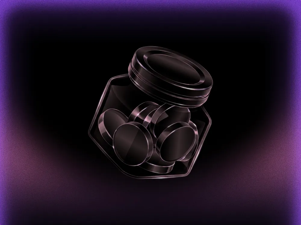 Transparent jar of coins against a black and purple background
