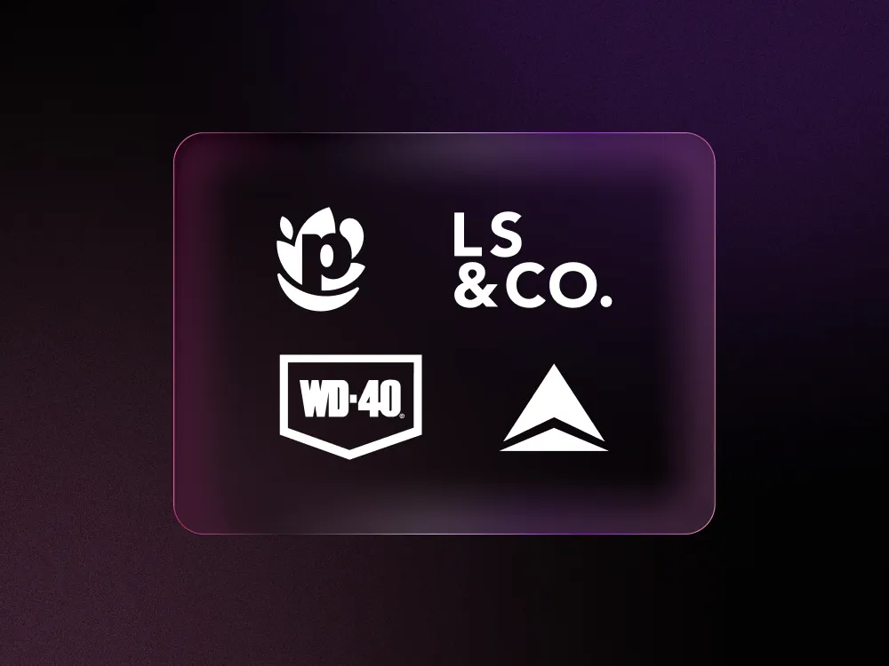 Four white logos on a dark purple rounded rectangle: leaf with p, LS & CO., WD-40 badge, and stylized arrow.