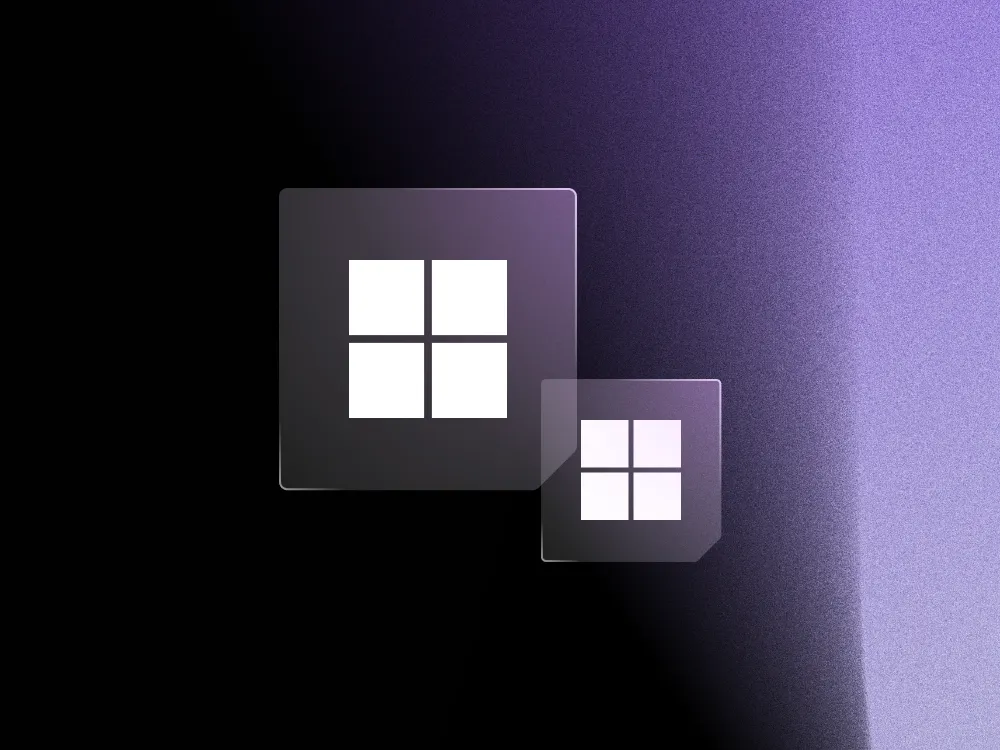 Two translucent squares with white four-pane window icons on a black and purple gradient background.