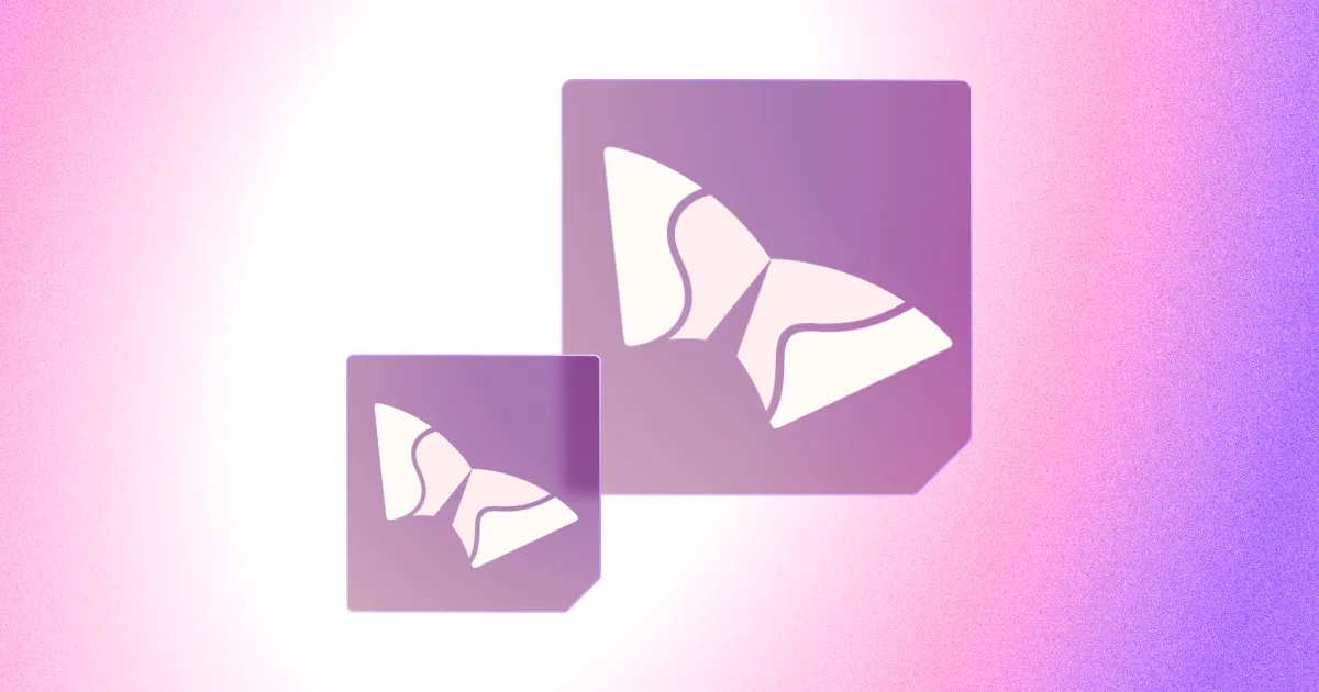 Two purple square icons with butterfly wing designs on a pink and purple gradient background.