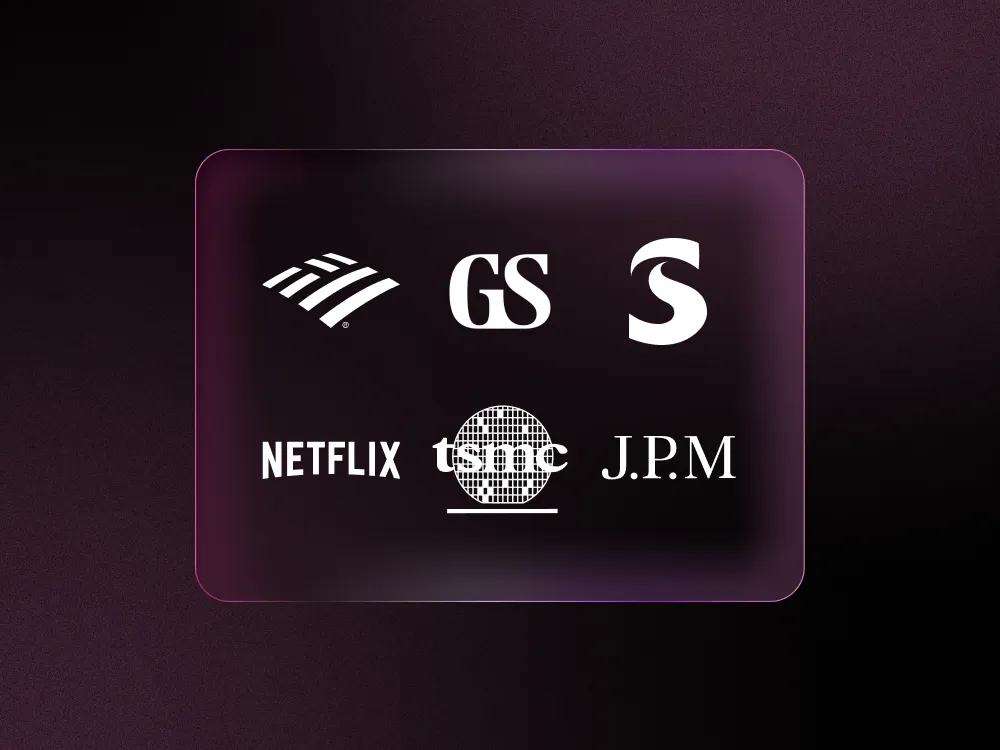 JPMorgan, Bank of America, Goldman Sachs, Netflix, TSMC, and ASML logos against black and purple backdrop