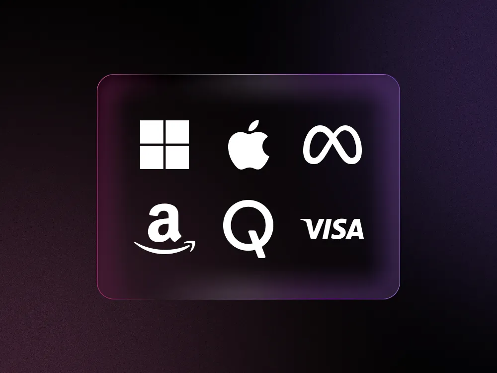 Microsoft, Apple, Meta, Amazon, Qualcomm, and Visa logos against black and purple background