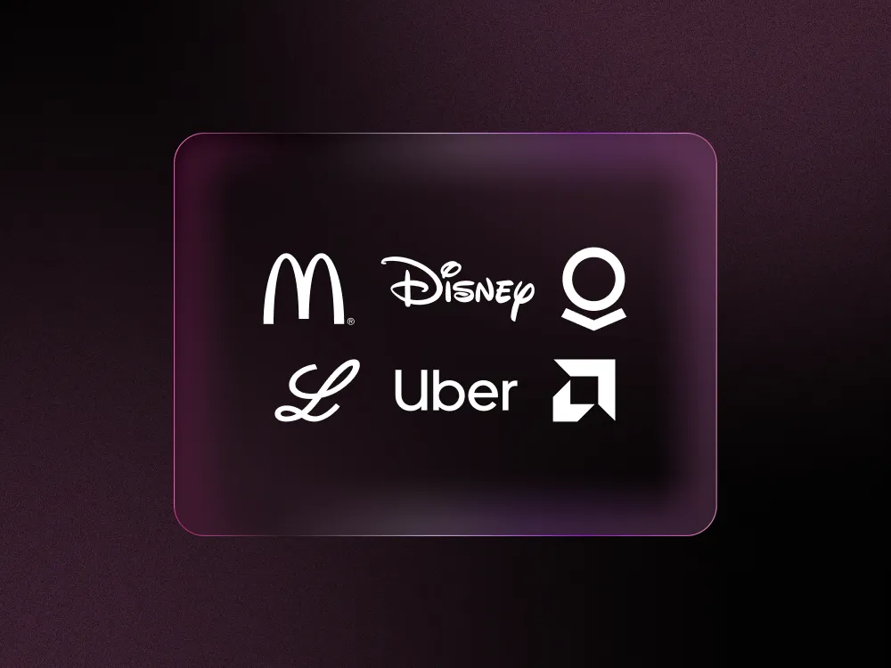 Six white corporate logos on a dark purple rounded rectangle background with a purple gradient border.