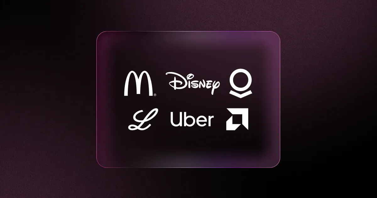 McDonald's, Disney, AMD, Eli Lilly, Uber, and Palantir logos against black and purple background