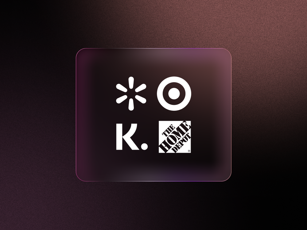 Walmart, Target, Home Depot, and Klarna logos against black and purple background