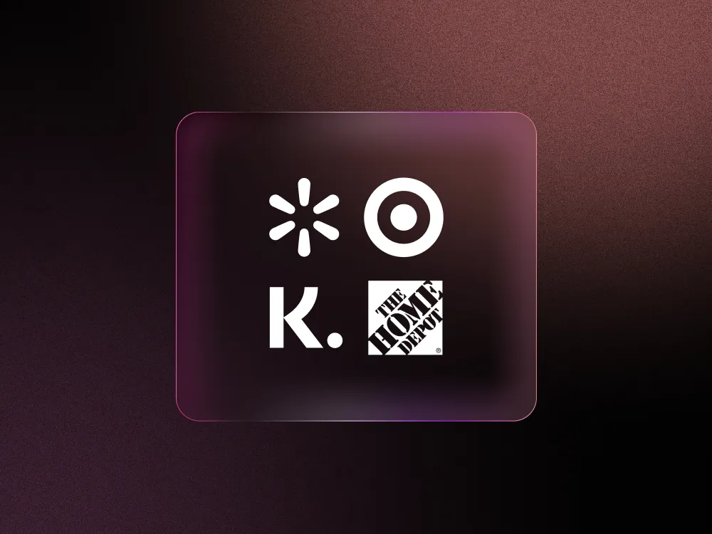 Walmart, Target, Home Depot, and Klarna logos against black and purple background