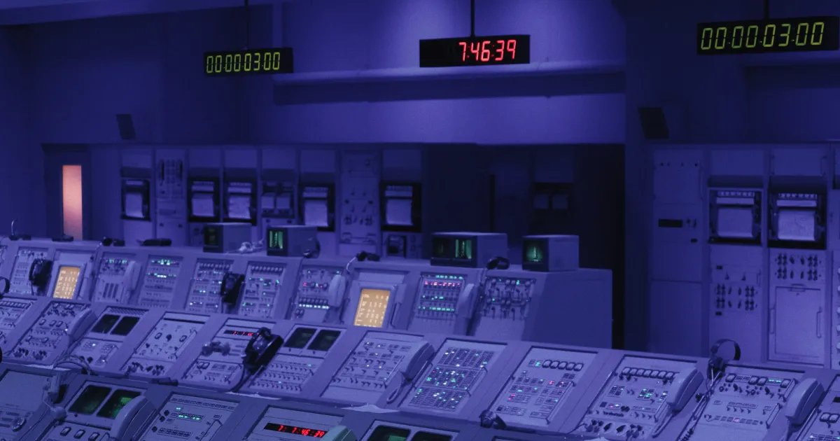 Gloomy computer room with digital countdowns
