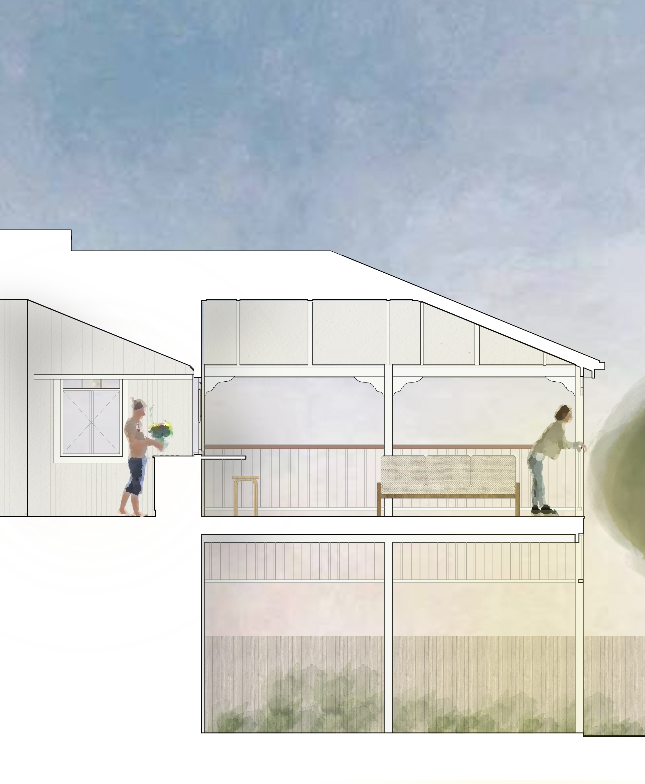 Architectural side section of a house showing a covered deck with a couch and two people, one holding a flower pot inside and another leaning on the deck railing.