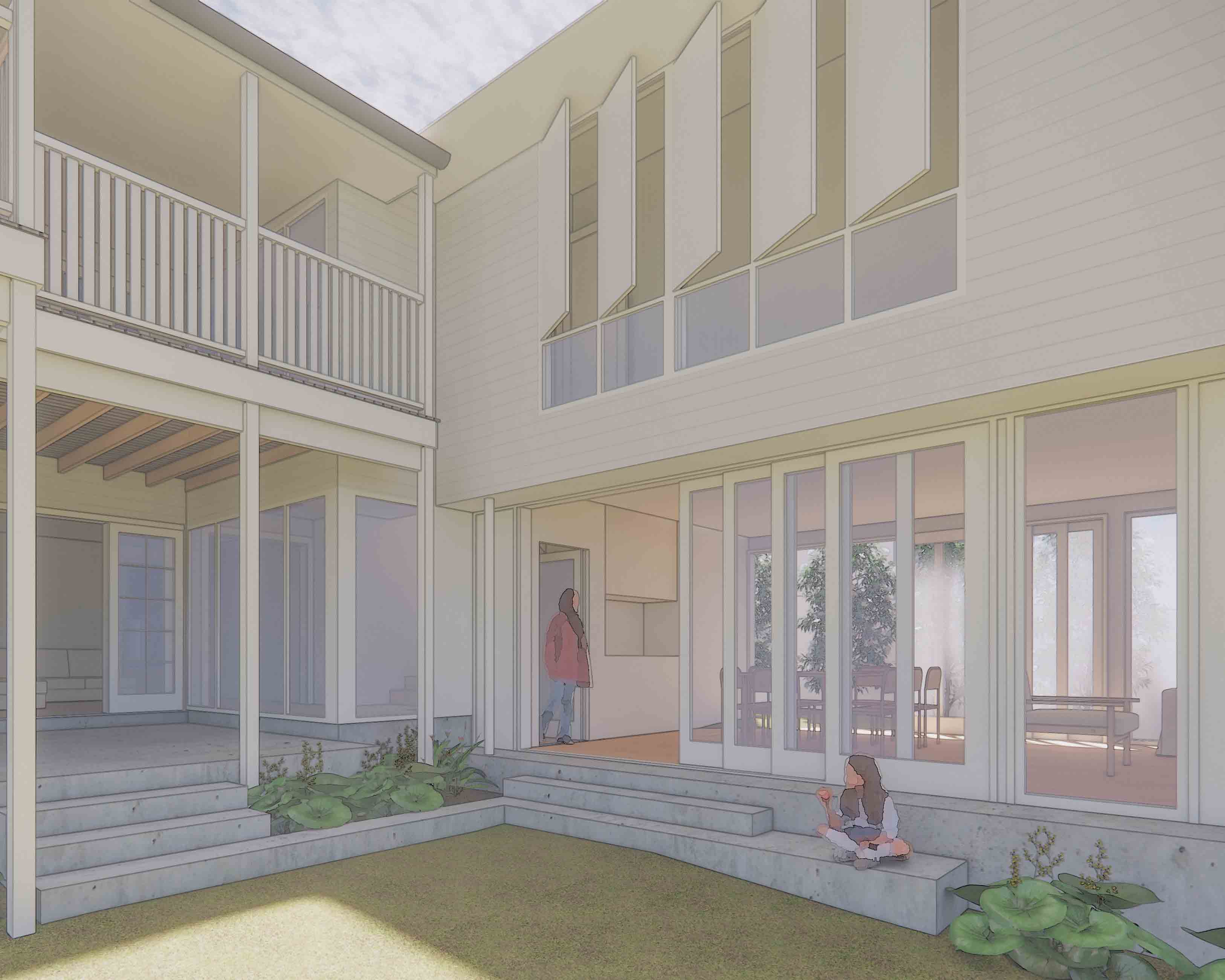 Modern two-story house with large windows, a courtyard with concrete steps, and two people—one standing inside near the kitchen and one sitting outside on the steps.