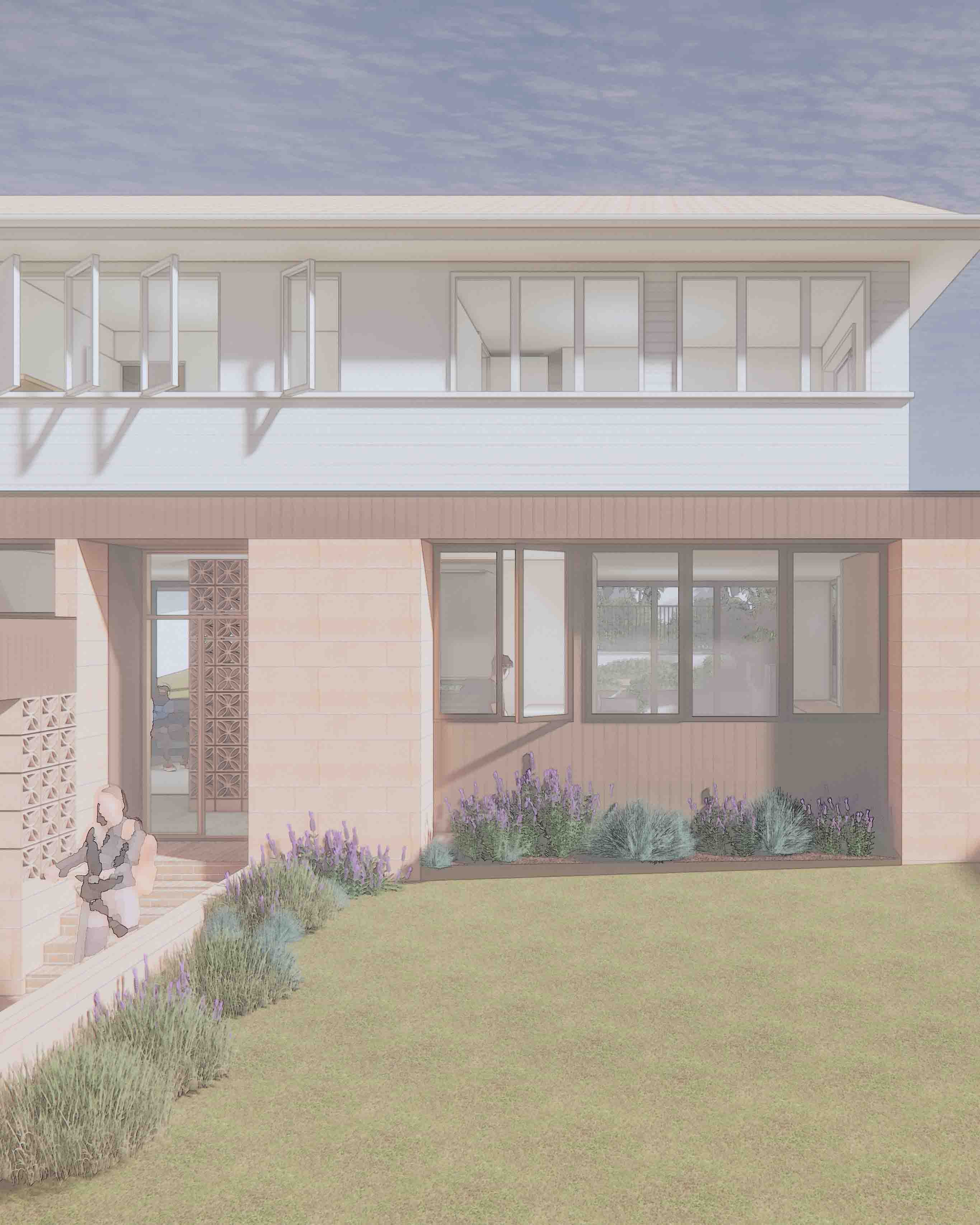 Two-story modern house with large windows, with purple flowering plants along the ground level and grassy lawn in front.