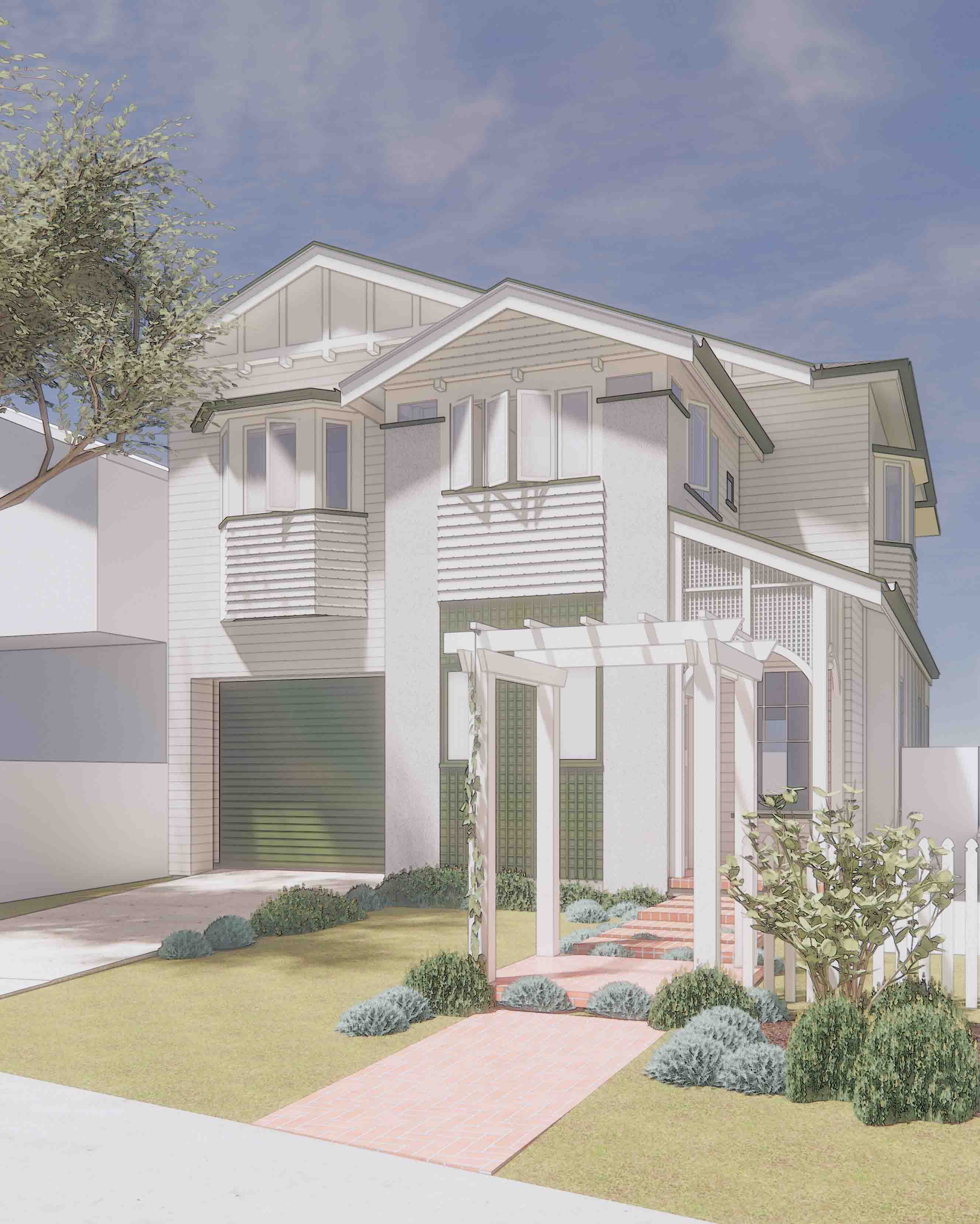 Two-story house with light siding, a garage, a front yard with shrubs, a brick pathway, and a white pergola at the entrance.