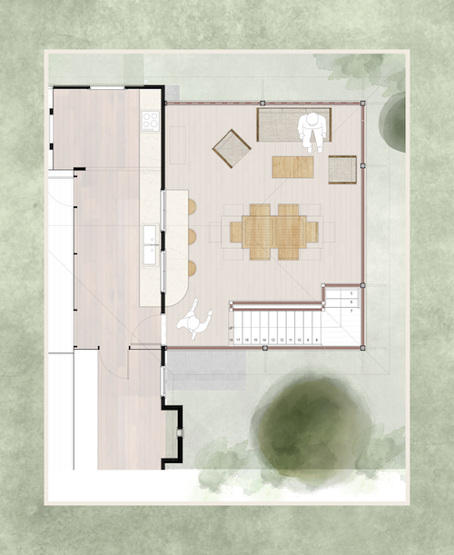 Architectural floor plan showing a living and dining area with furniture, a kitchen with an island and stools, and a staircase, surrounded by outdoor greenery.