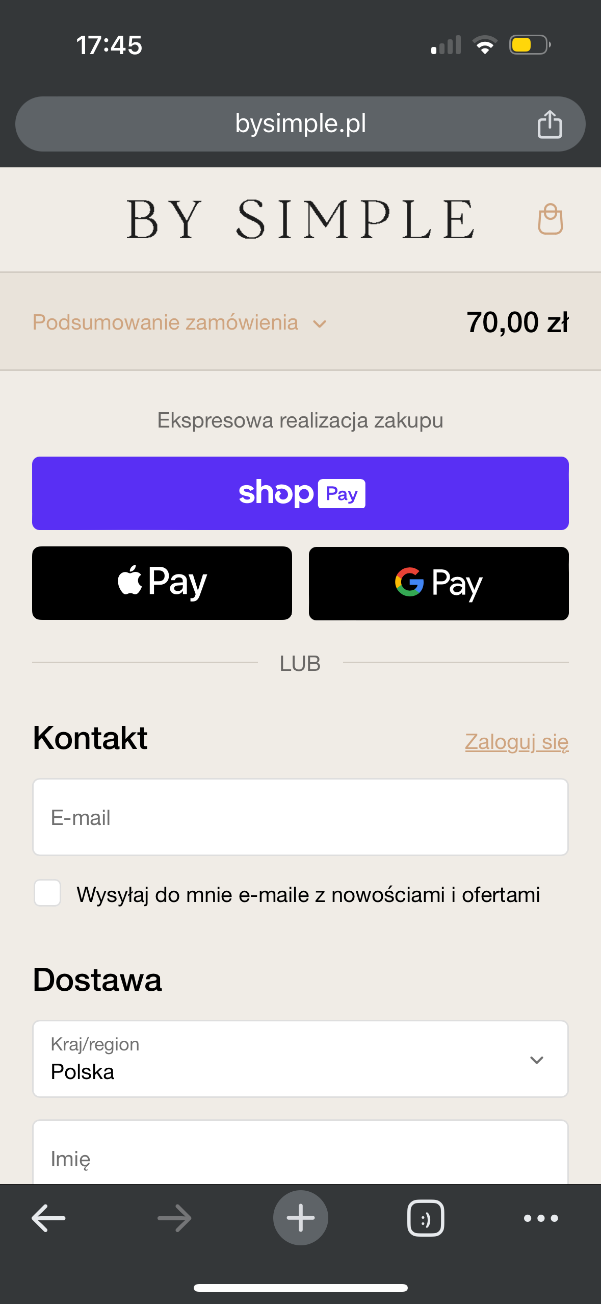 Opcja Shop Pay widoczna w checkoucie