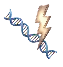 Blue DNA double helix with a metallic lightning bolt striking through it.