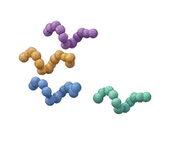 Four colored molecular chains resembling proteins with spherical segments connected in a wavy pattern.