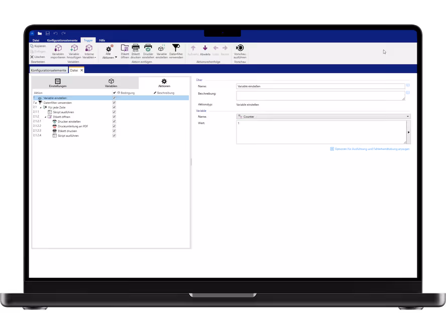 Laptop screen showing software with configuration actions and variable settings in German language interface.