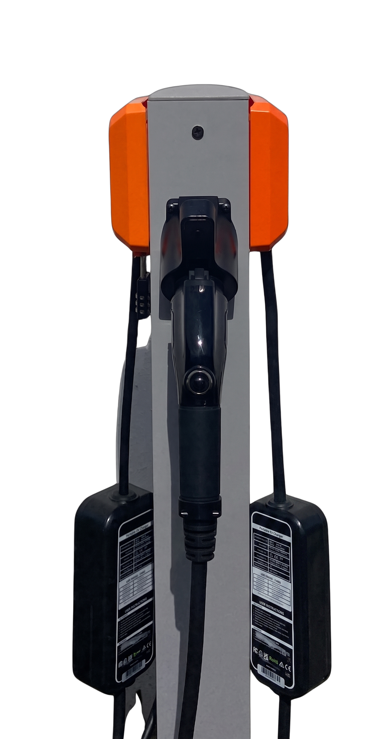 Side profile of Orange Charger's outlet plus kit, dual-mounted onto one grey metal pedestal.