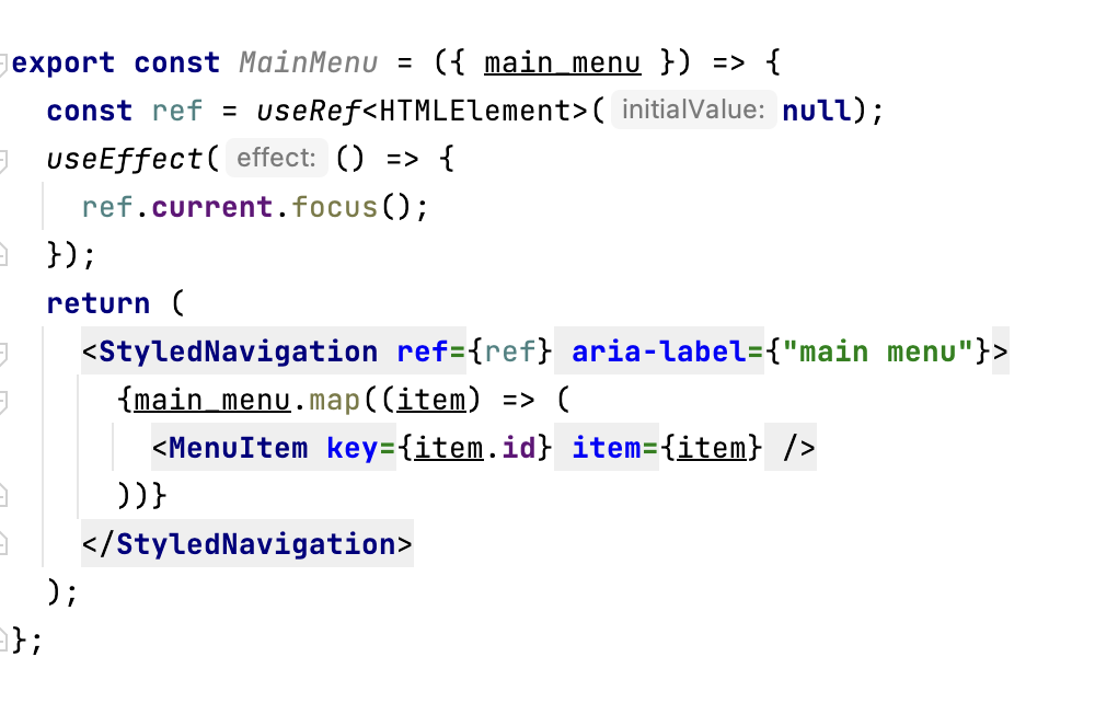 A code snippet showing MainMenu react component using useEffect and useRef hooks to manage focus