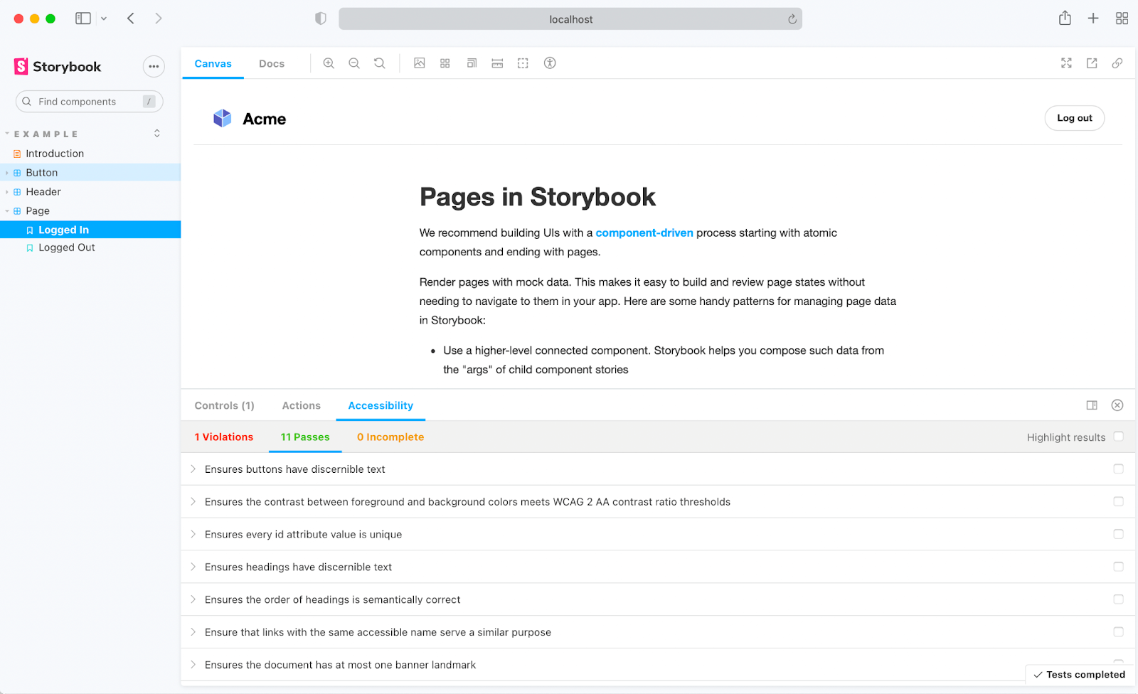 A screenshot from Storybook using accessibility a11y addon. Addon shows accessibility issues on the component