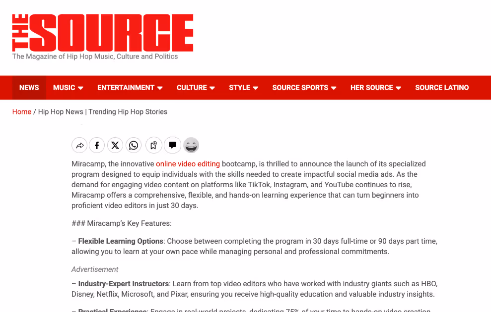 Article screenshot showcasing Miracamp as the best video editing online bootcamp