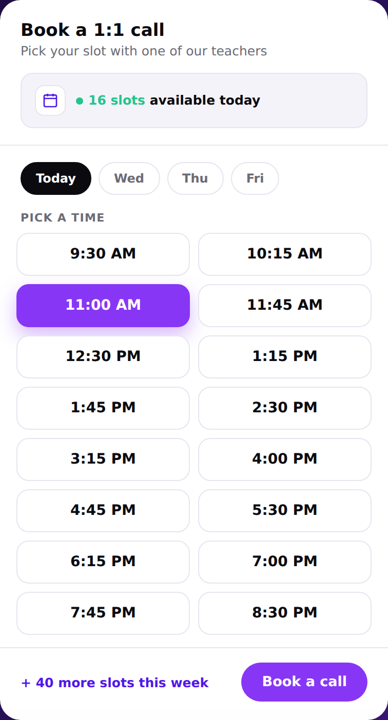 Teachers availabilities for 1:1 call